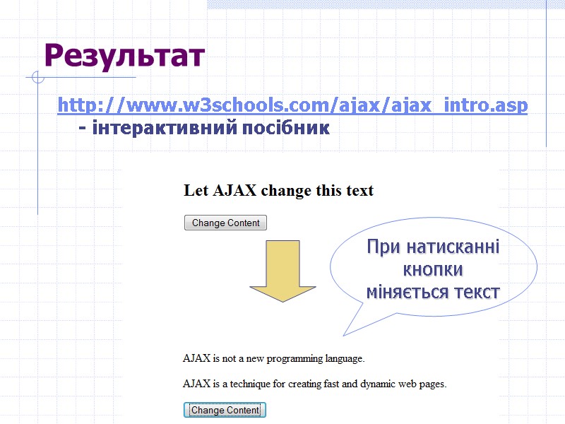 >Результат http://www.w3schools.com/ajax/ajax_intro.asp - інтерактивний посібник При натисканні кнопки міняється текст